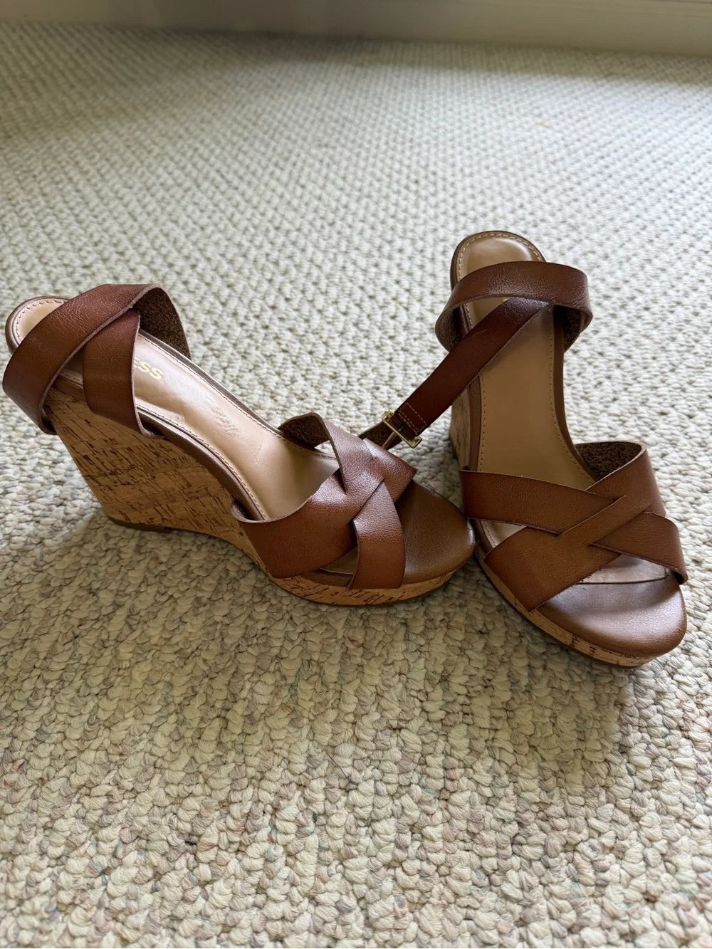 Express Brown Leather Cork Wedge Sandals